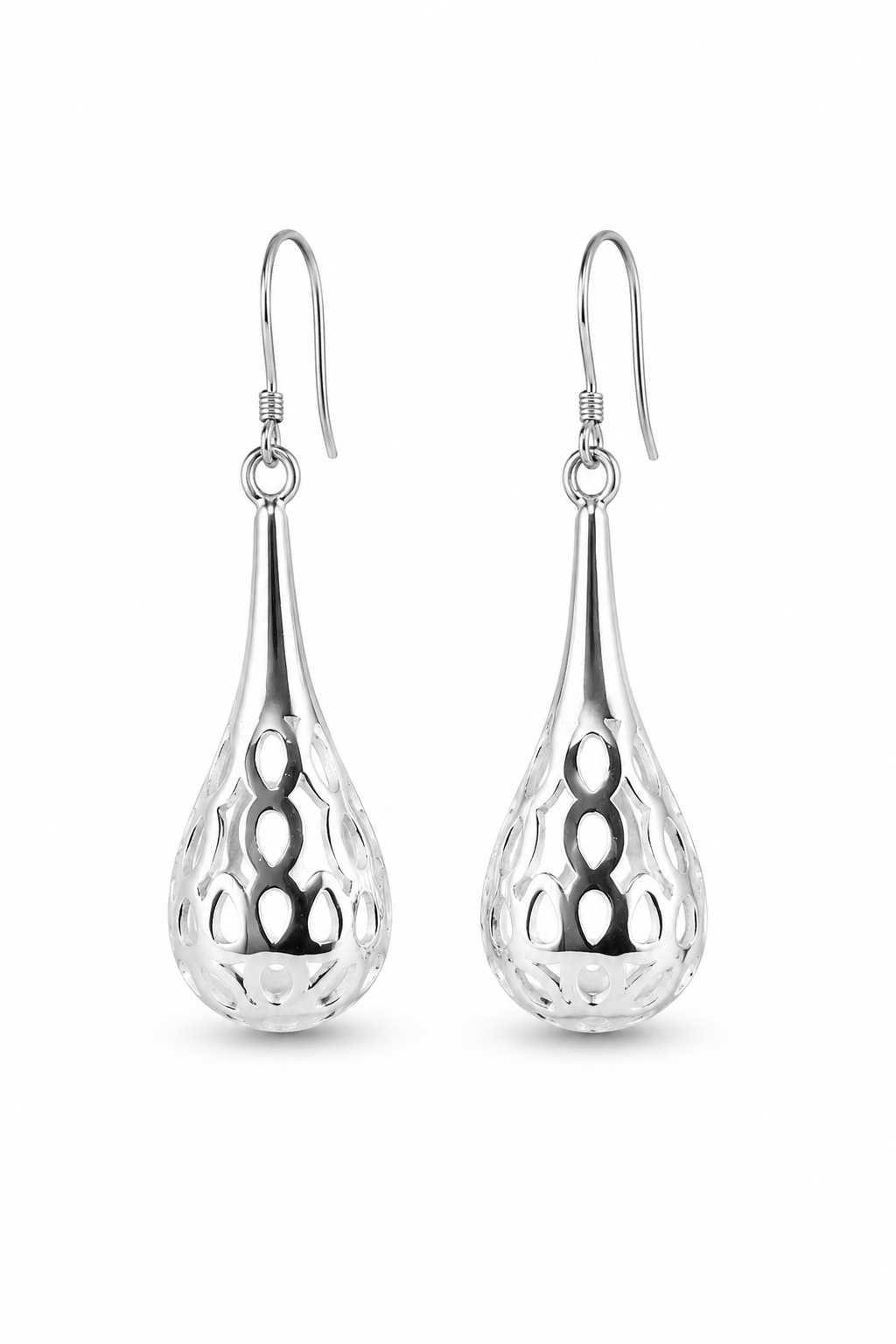 Silver Hollow Filigree Teardrop Dangle Earrings