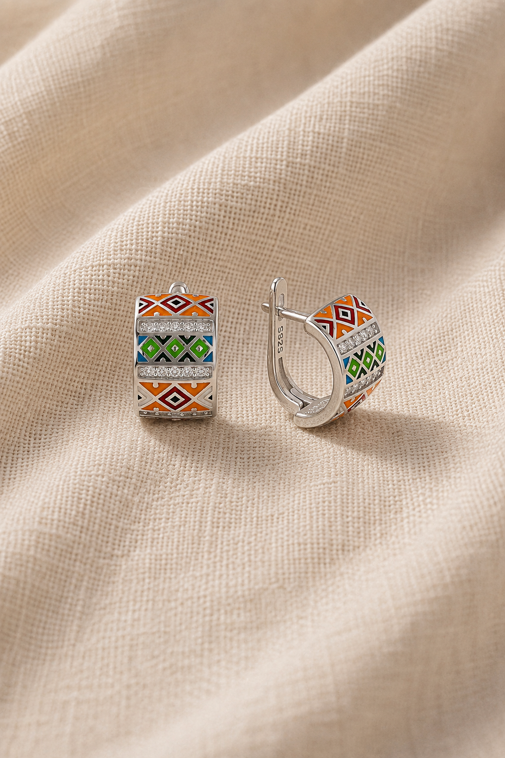 Aztec Mosaic Enamel Leverback Earrings - Image 2