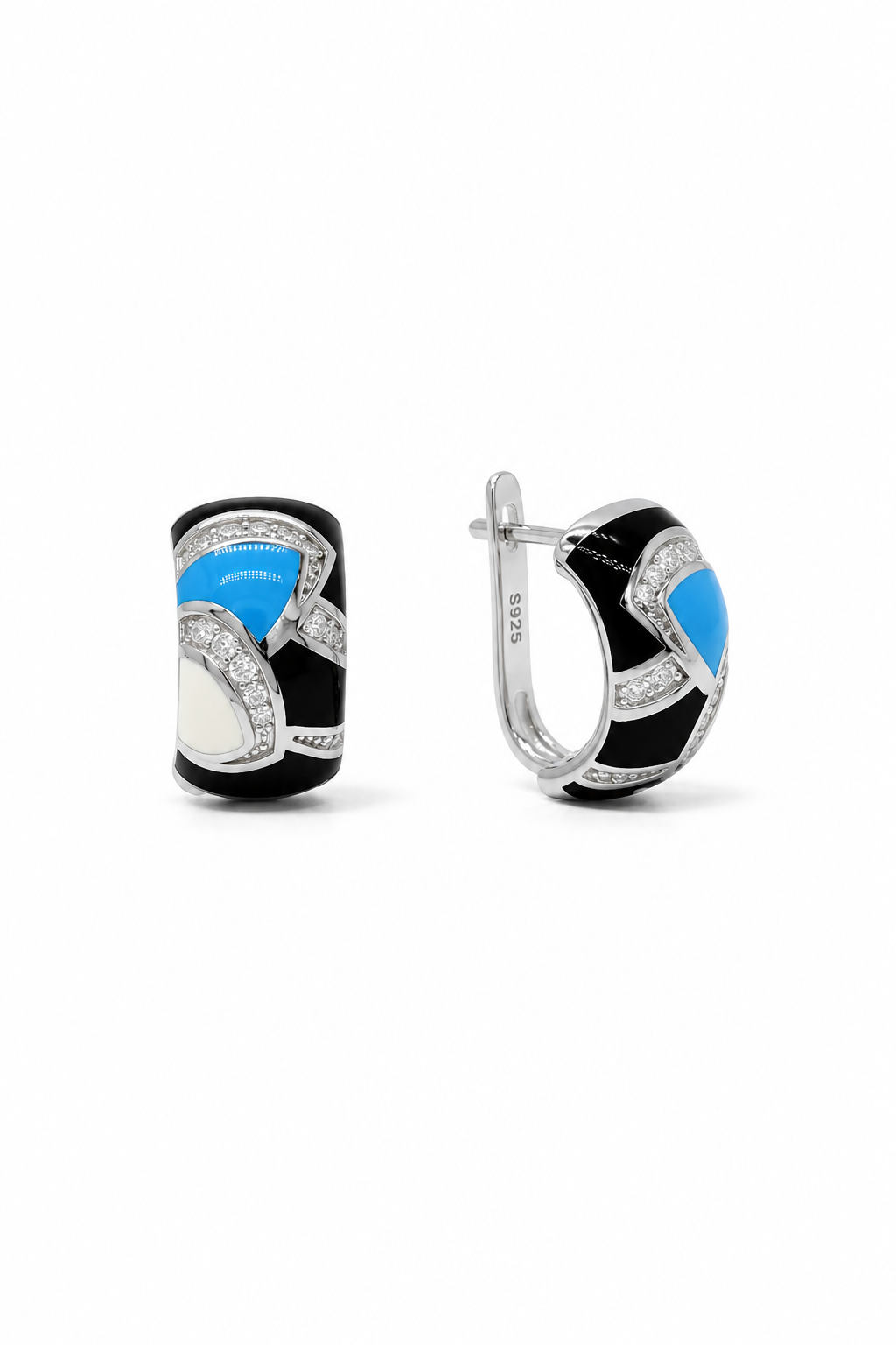 Modernist Turquoise & Onyx Enamel Huggie Earrings