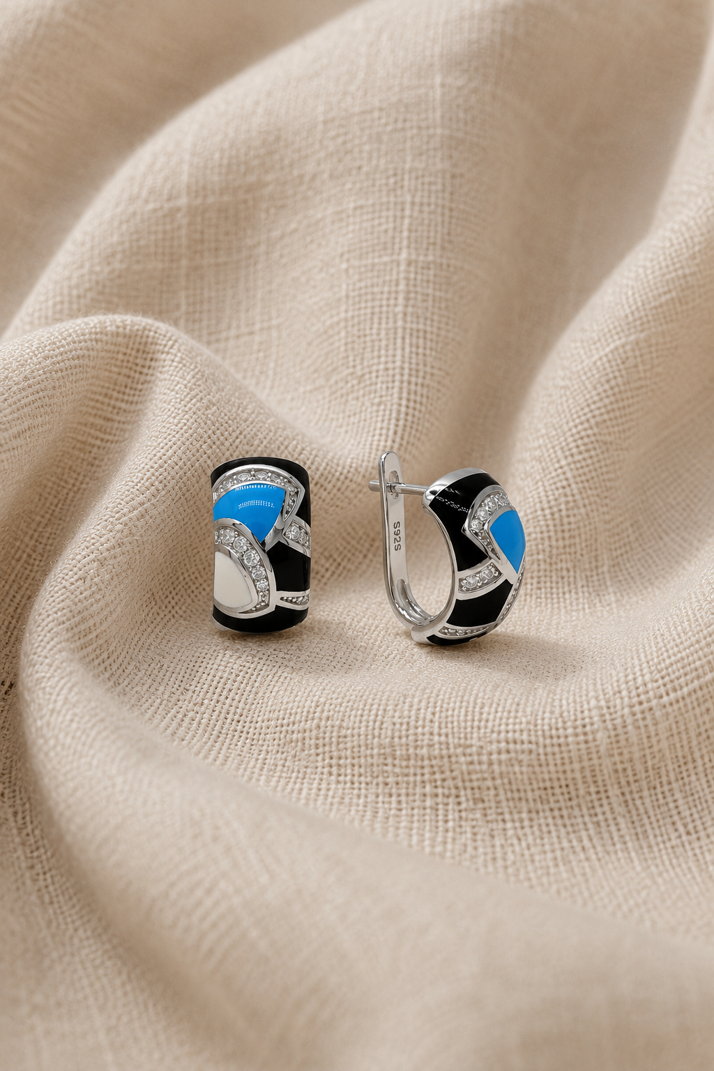 Modernist Turquoise & Onyx Enamel Huggie Earrings - Image 2